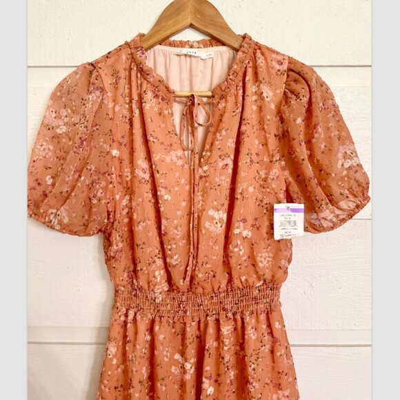 LUSH Women's Chiffon Mini S/S Dress Puff Sleeve Size M - Apricot Ditsy NWT - Picture 5 of 8